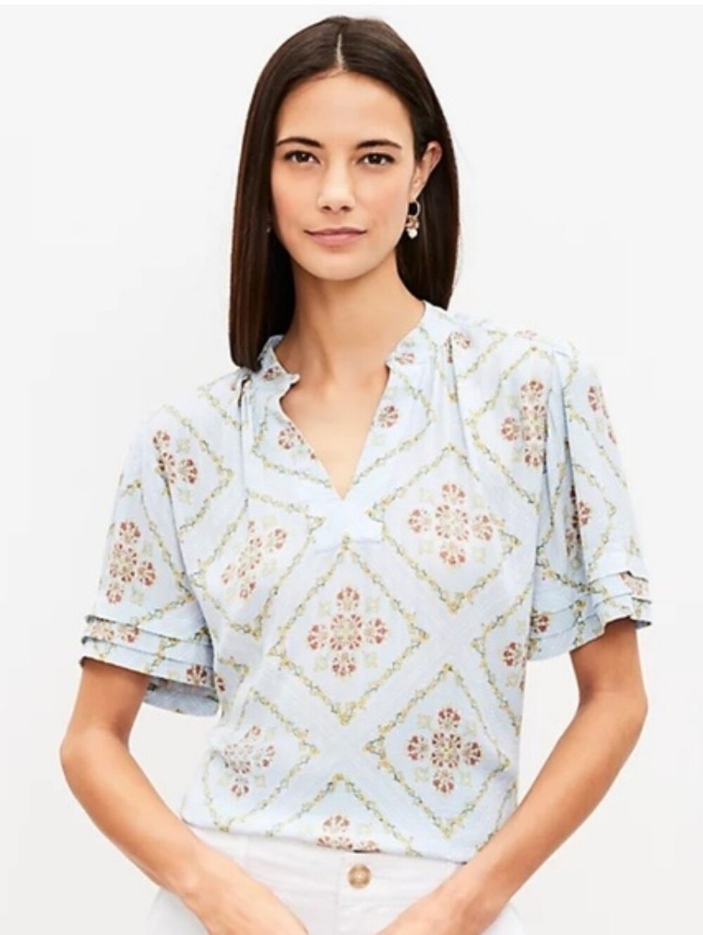 Ann Taylor LOFT Light Blue Tuillerie Pleated Sleeve Blouse Cottagecore XS
